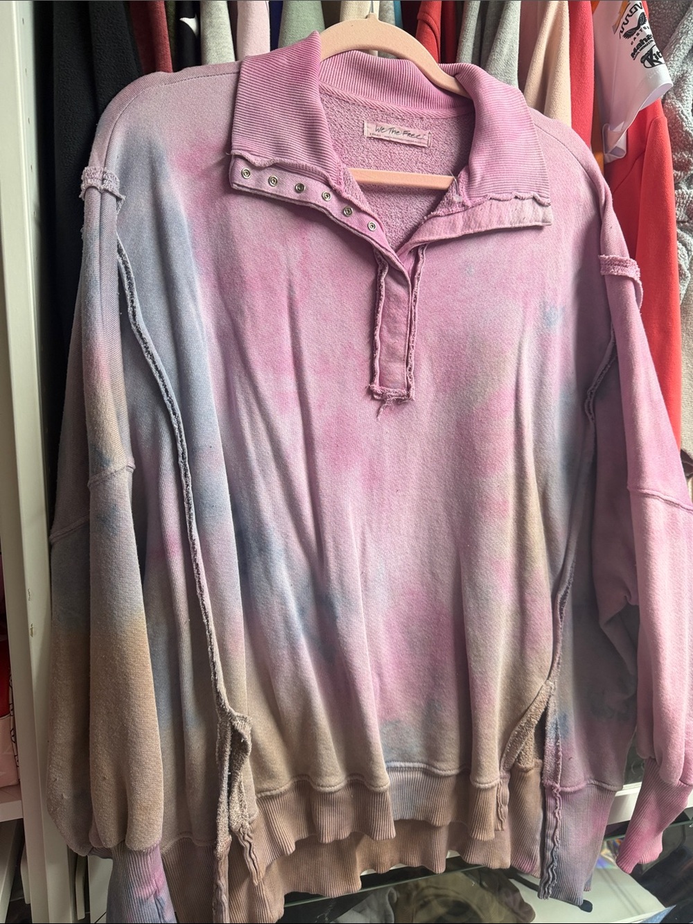 Free People Pastel Tie-Dye Snap Collar Pullover — Pink, Blue, Tan